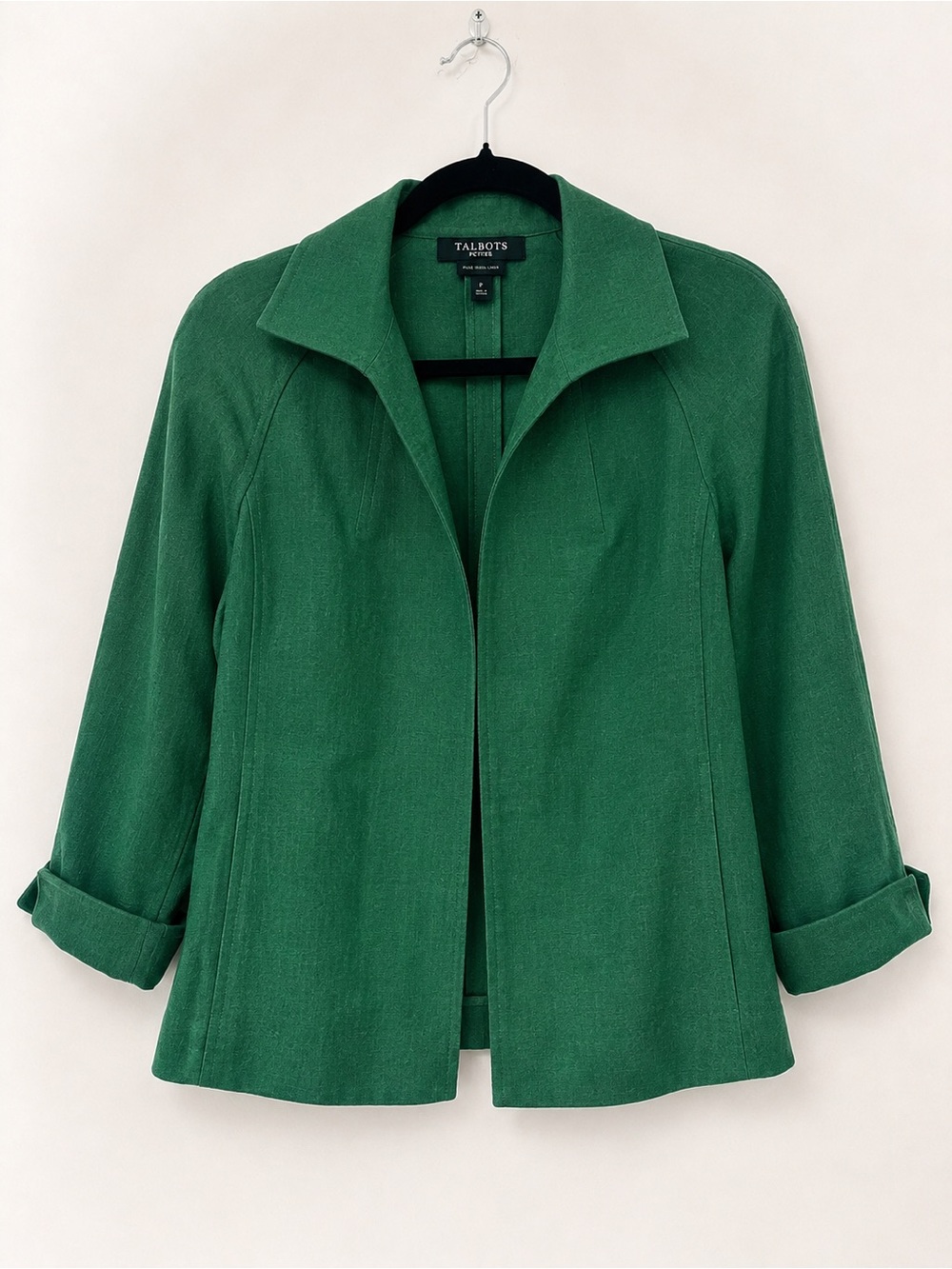 Talbots 4P Emerald Green Irish Linen Blazer Jacket Open Front